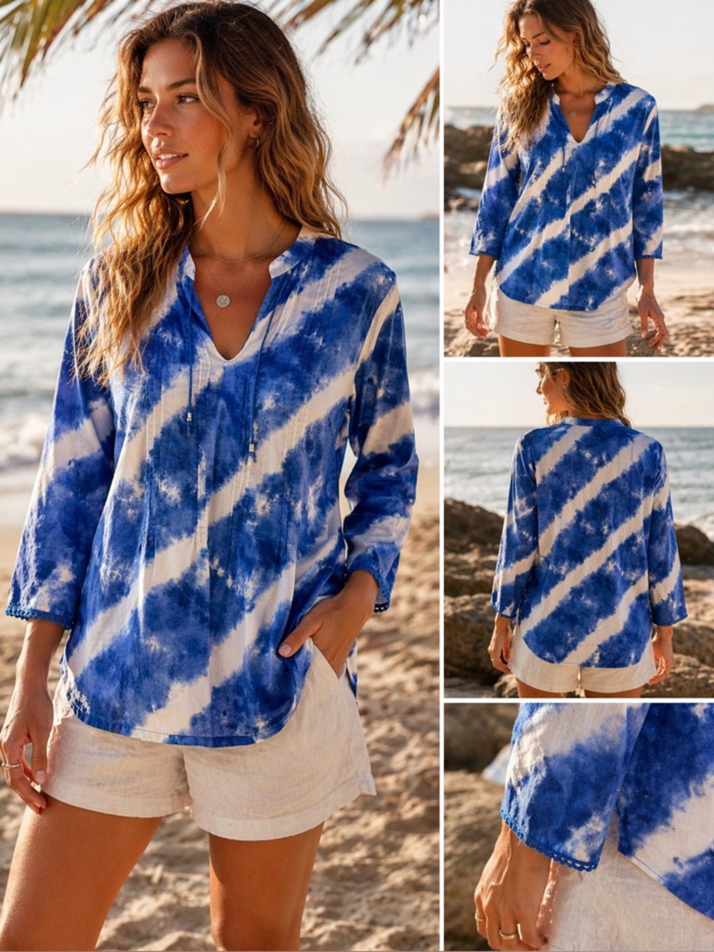 Lemon Grass Petite Blue & White Tie Dye Tunic Top Size PXL